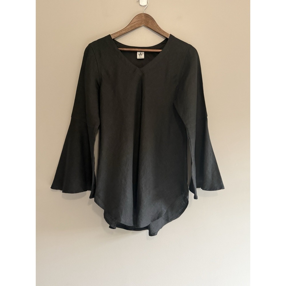 Crown Linen Designs Linen Top Bell Sleeve Black Tunic V Neck Beach Lagenlook M - Picture 14 of 15